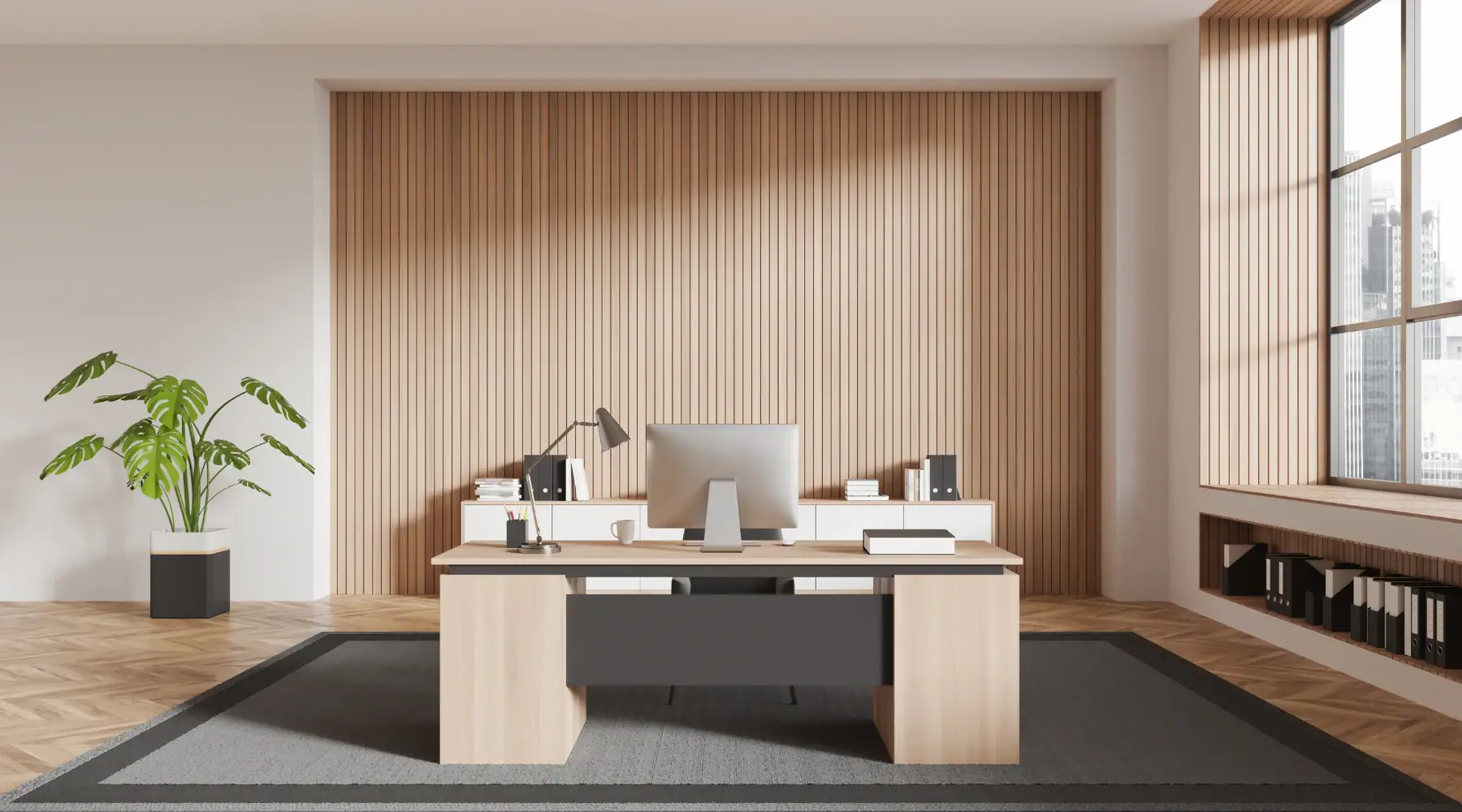 Modern corporate office interior with custom millwork