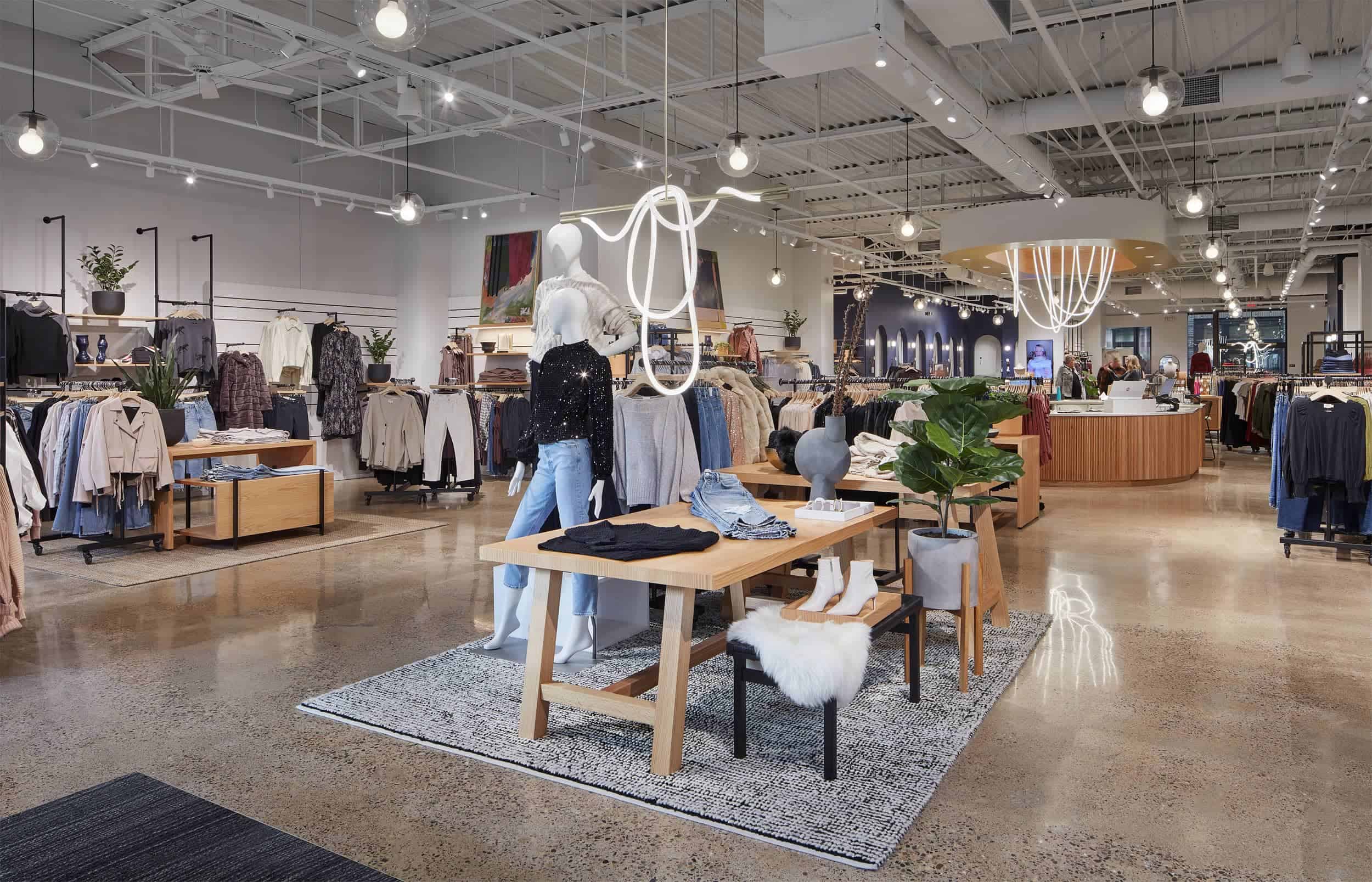 Modern retail store interior with custom interior fixtures and millwork.